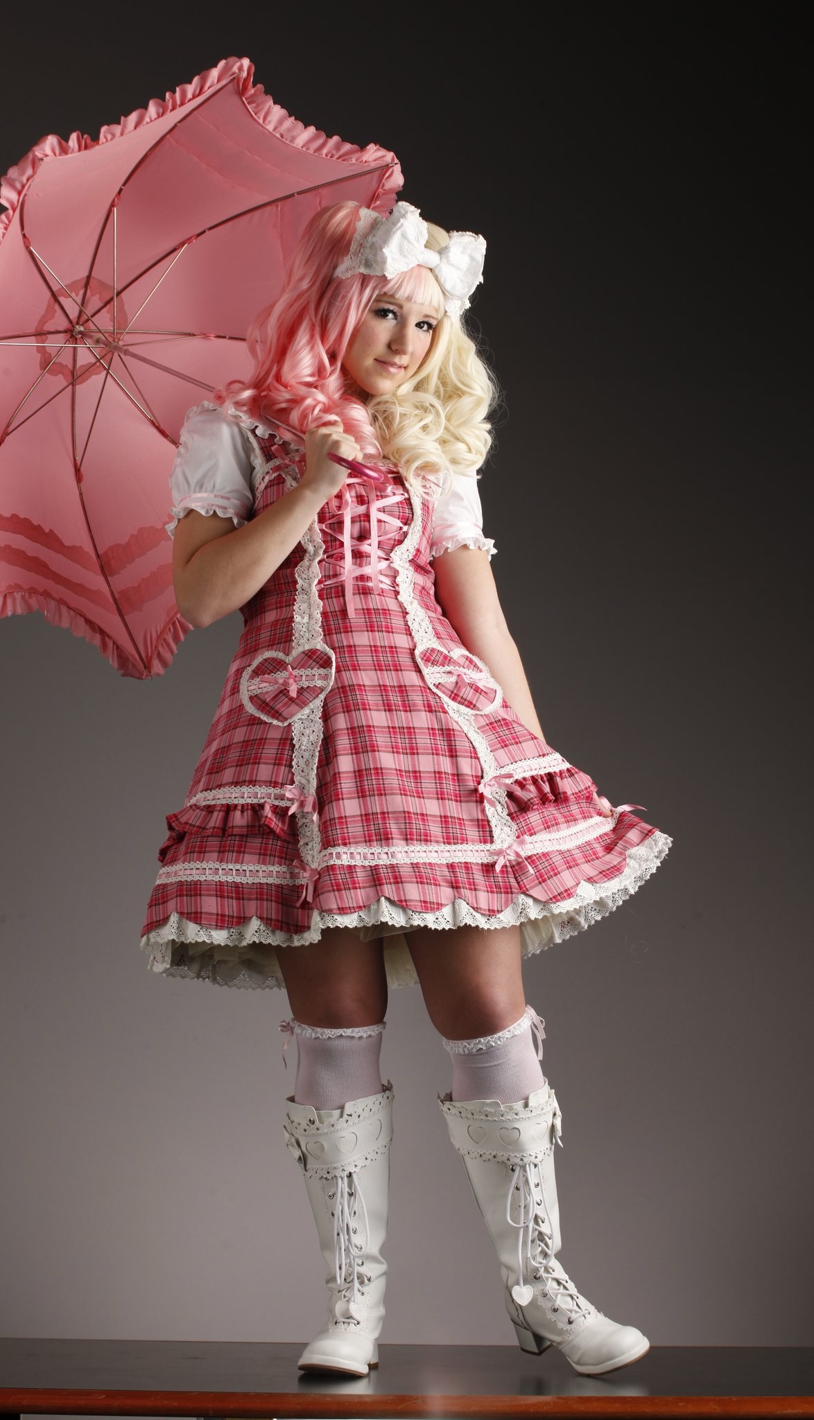Lolita with Pink and Blond Hair wearing White Opaque Stockings and White Boots
